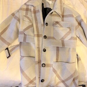 Noize Plaid Pea Coat in Cream and Tan